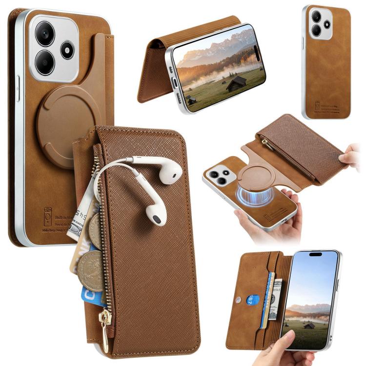 CaseNeo Precision Hole Silver-Edged Magnetic Zipper Wallet Cross-Grain Vegan Leather Phone Case, For Redmi Turbo 4 Pro, For Redmi Turbo 4, For Redmi Note 14 5G