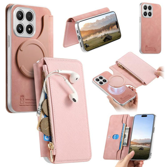 CaseNeo Precision Hole Silver-Edged Magnetic Zipper Wallet Cross-Grain Vegan Leather Phone Case, For Xiaomi 17