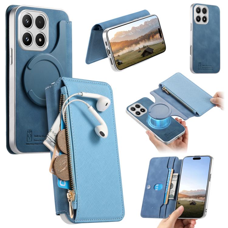 CaseNeo Precision Hole Silver-Edged Magnetic Zipper Wallet Cross-Grain Vegan Leather Phone Case, For Xiaomi 17