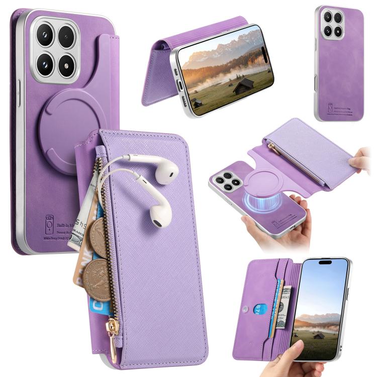 CaseNeo Precision Hole Silver-Edged Magnetic Zipper Wallet Cross-Grain Vegan Leather Phone Case, For Xiaomi 17