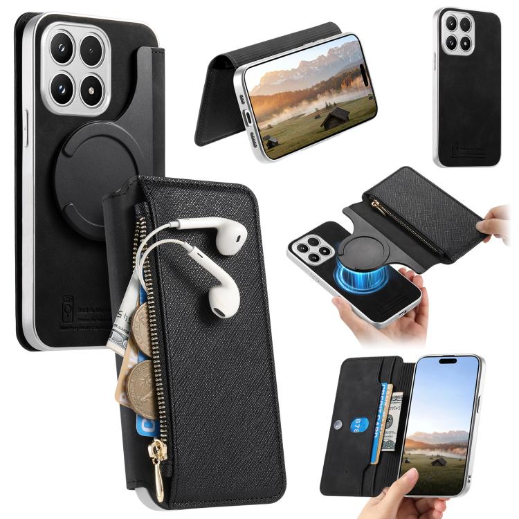 CaseNeo Precision Hole Silver-Edged Magnetic Zipper Wallet Cross-Grain Vegan Leather Phone Case, For Xiaomi 17