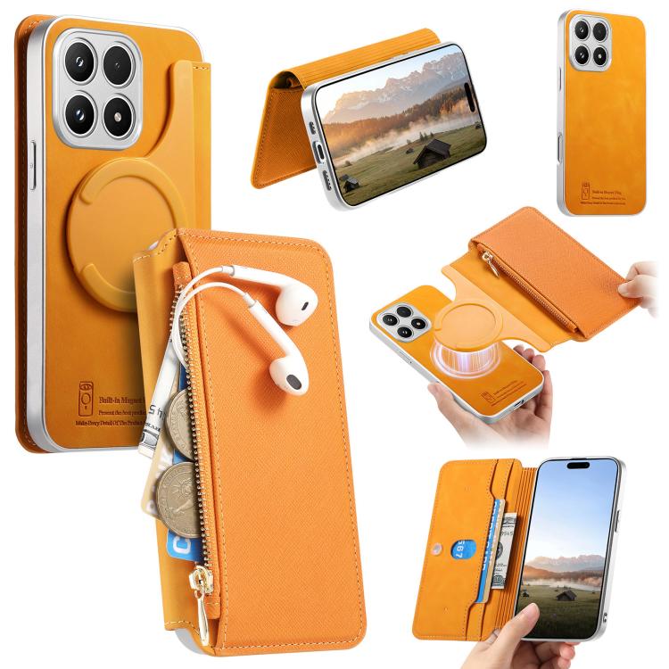 CaseNeo Precision Hole Silver-Edged Magnetic Zipper Wallet Cross-Grain Vegan Leather Phone Case, For Xiaomi 17
