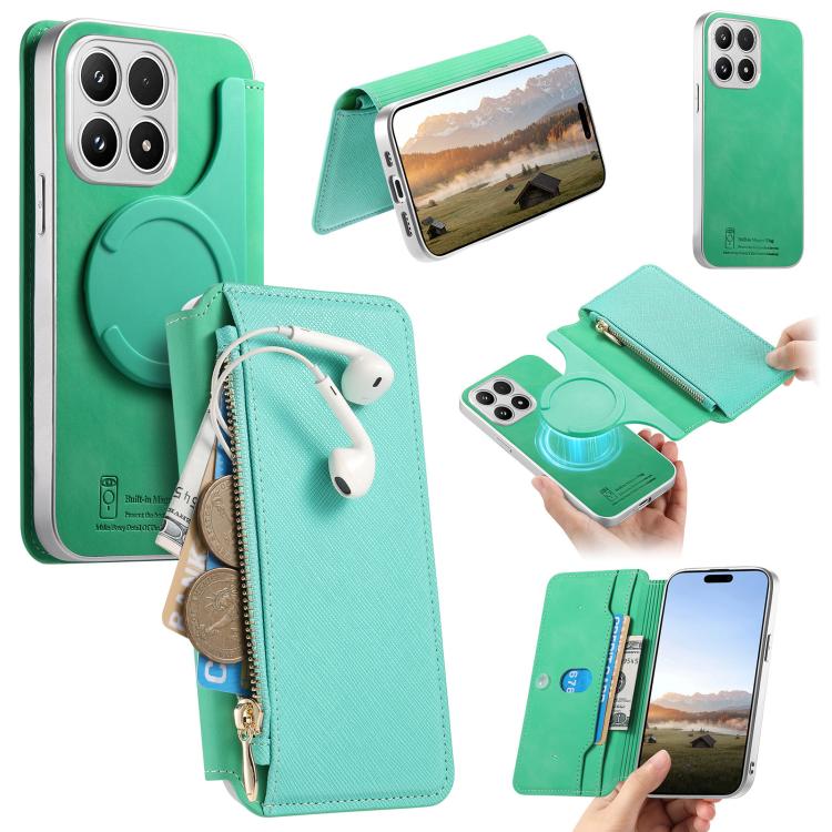 CaseNeo Precision Hole Silver-Edged Magnetic Zipper Wallet Cross-Grain Vegan Leather Phone Case, For Xiaomi 17