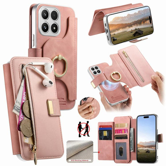 Precision Hole Silver-Edged Ring RFID Blocking Zipper Wallet Magnetic Vegan Leather Phone Case, For Xiaomi 17