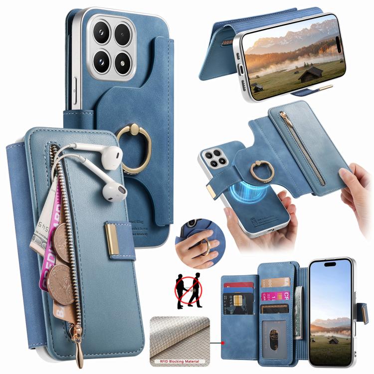Precision Hole Silver-Edged Ring RFID Blocking Zipper Wallet Magnetic Vegan Leather Phone Case, For Xiaomi 17