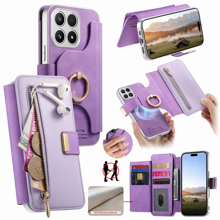 Precision Hole Silver-Edged Ring RFID Blocking Zipper Wallet Magnetic Vegan Leather Phone Case, For Xiaomi 17