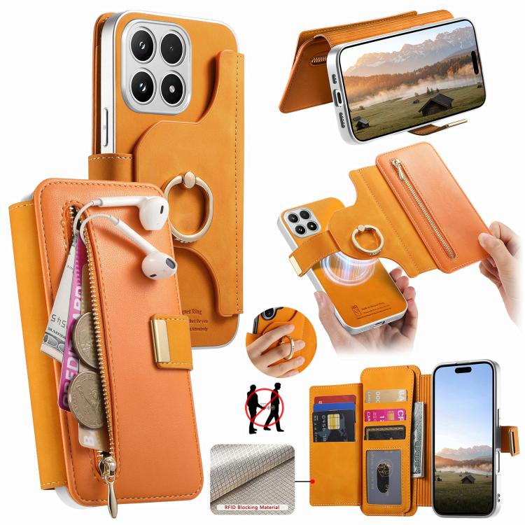 Precision Hole Silver-Edged Ring RFID Blocking Zipper Wallet Magnetic Vegan Leather Phone Case, For Xiaomi 17