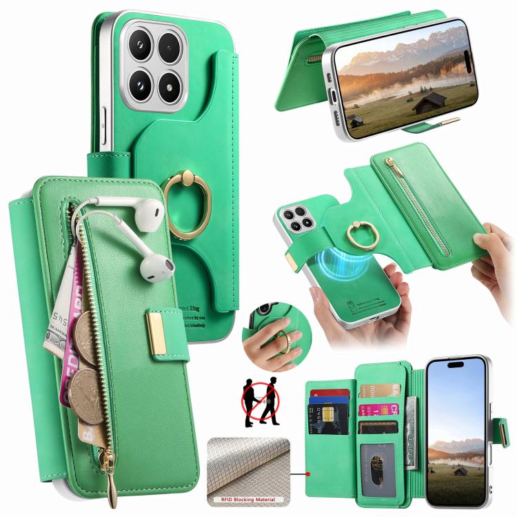 Precision Hole Silver-Edged Ring RFID Blocking Zipper Wallet Magnetic Vegan Leather Phone Case, For Xiaomi 17