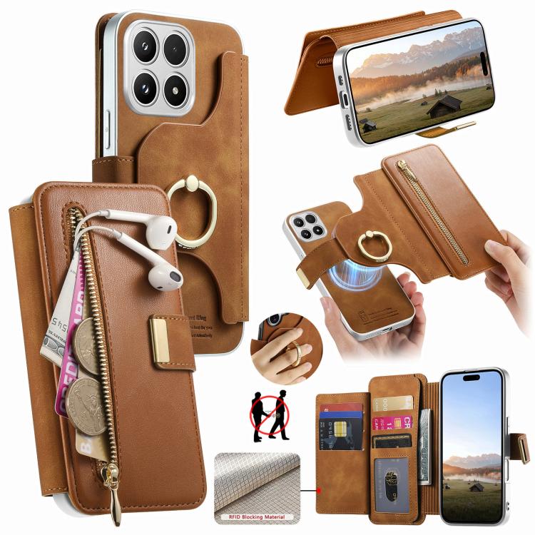 Precision Hole Silver-Edged Ring RFID Blocking Zipper Wallet Magnetic Vegan Leather Phone Case, For Xiaomi 17
