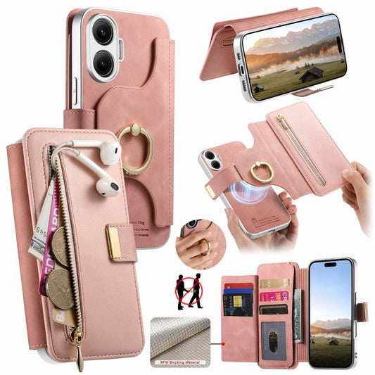 Precision Hole Silver-Edged Ring RFID Blocking Zipper Wallet Magnetic Vegan Leather Phone Case, For Redmi Turbo 4 Pro / Poco F7, For Redmi Turbo 4, For Redmi Note 14 5G