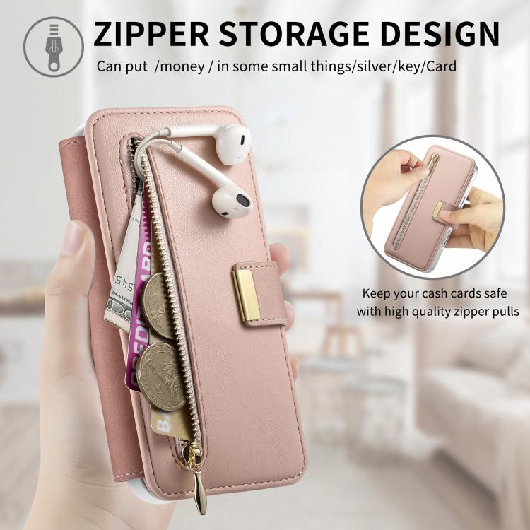 Precision Hole Silver-Edged Ring RFID Blocking Zipper Wallet Magnetic Vegan Leather Phone Case, For Redmi Turbo 4 Pro / Poco F7, For Redmi Turbo 4, For Redmi Note 14 5G