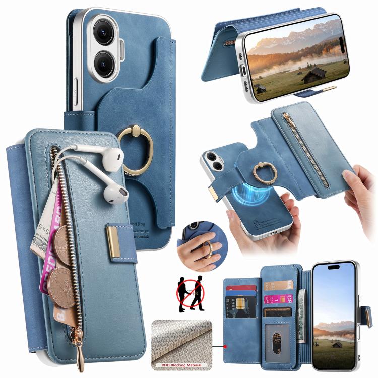 Precision Hole Silver-Edged Ring RFID Blocking Zipper Wallet Magnetic Vegan Leather Phone Case, For Redmi Turbo 4 Pro / Poco F7, For Redmi Turbo 4, For Redmi Note 14 5G