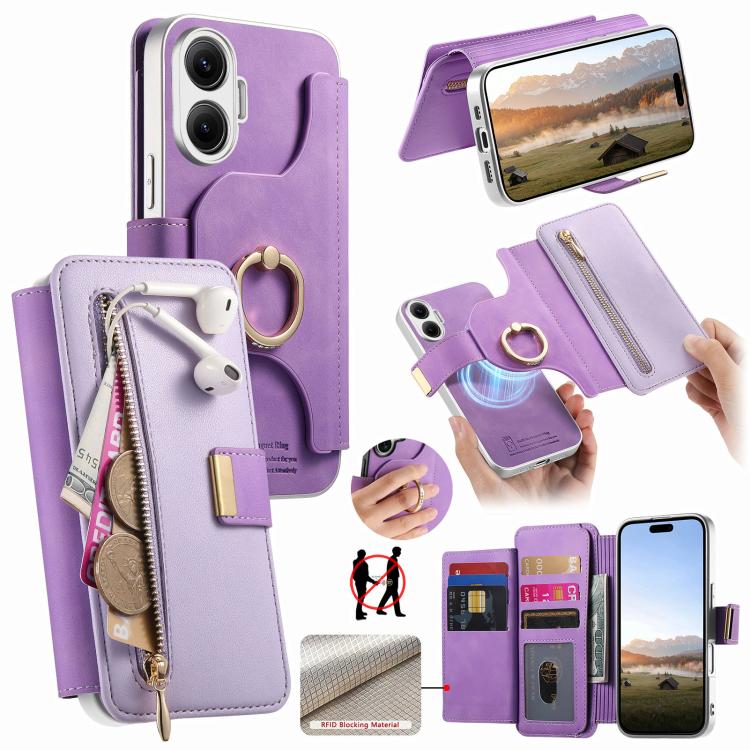 Precision Hole Silver-Edged Ring RFID Blocking Zipper Wallet Magnetic Vegan Leather Phone Case, For Redmi Turbo 4 Pro / Poco F7, For Redmi Turbo 4, For Redmi Note 14 5G