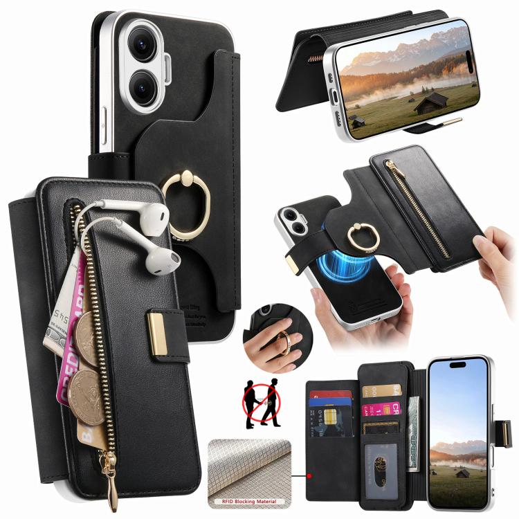 Precision Hole Silver-Edged Ring RFID Blocking Zipper Wallet Magnetic Vegan Leather Phone Case, For Redmi Turbo 4 Pro / Poco F7, For Redmi Turbo 4, For Redmi Note 14 5G