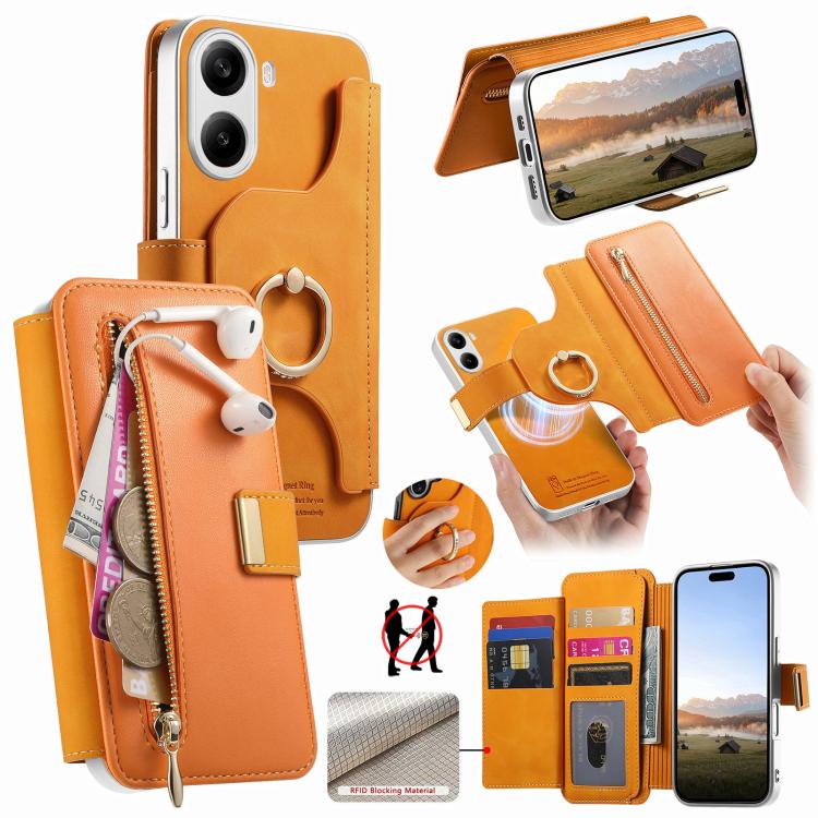 Precision Hole Silver-Edged Ring RFID Blocking Zipper Wallet Magnetic Vegan Leather Phone Case, For Redmi Turbo 4 Pro / Poco F7, For Redmi Turbo 4, For Redmi Note 14 5G