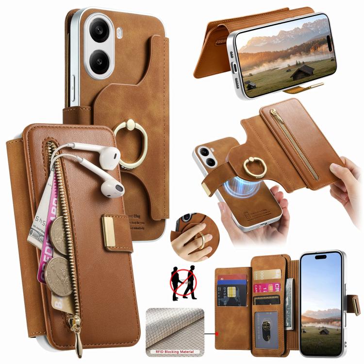 Precision Hole Silver-Edged Ring RFID Blocking Zipper Wallet Magnetic Vegan Leather Phone Case, For Redmi Turbo 4 Pro / Poco F7, For Redmi Turbo 4, For Redmi Note 14 5G