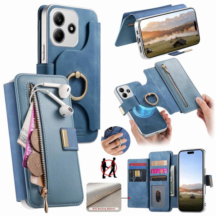 Precision Hole Silver-Edged Ring RFID Blocking Zipper Wallet Magnetic Vegan Leather Phone Case, For Redmi Turbo 4 Pro / Poco F7, For Redmi Turbo 4, For Redmi Note 14 5G