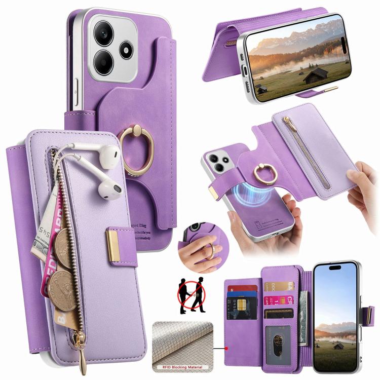 Precision Hole Silver-Edged Ring RFID Blocking Zipper Wallet Magnetic Vegan Leather Phone Case, For Redmi Turbo 4 Pro / Poco F7, For Redmi Turbo 4, For Redmi Note 14 5G