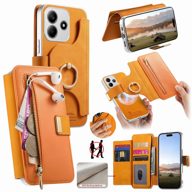 Precision Hole Silver-Edged Ring RFID Blocking Zipper Wallet Magnetic Vegan Leather Phone Case, For Redmi Turbo 4 Pro / Poco F7, For Redmi Turbo 4, For Redmi Note 14 5G