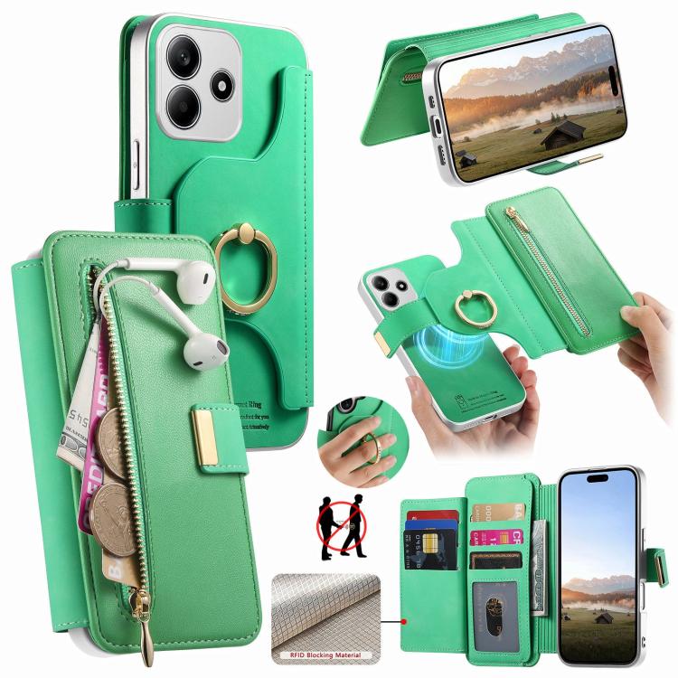 Precision Hole Silver-Edged Ring RFID Blocking Zipper Wallet Magnetic Vegan Leather Phone Case, For Redmi Turbo 4 Pro / Poco F7, For Redmi Turbo 4, For Redmi Note 14 5G