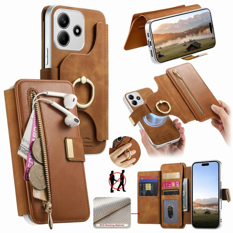 Precision Hole Silver-Edged Ring RFID Blocking Zipper Wallet Magnetic Vegan Leather Phone Case, For Redmi Turbo 4 Pro / Poco F7, For Redmi Turbo 4, For Redmi Note 14 5G