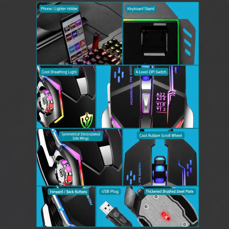 SHIPADOO GT700 Illuminated Wired Gaming Keyboard and 4D 2400DPI Mouse Set, GT700 4D 2400DPI Mouse Black, GT700 4D 2400DPI Mouse White