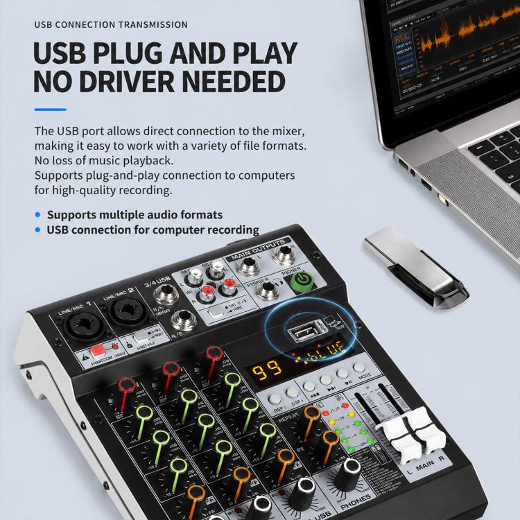 TP-4M 4-Channel Multi-function Professional Recording Mixer Bluetooth Sound Card, EU Plug, UK Plug, US Plug