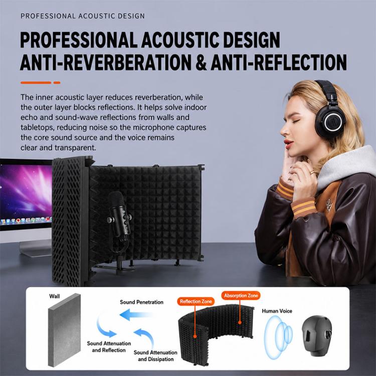 M5 Foldable Five-Panel Metal Casing Microphone Isolation Shield with Tripod and Pop Filter Kit, M5 Metal Casing Isolation Shield+Tripod+Pop Filter