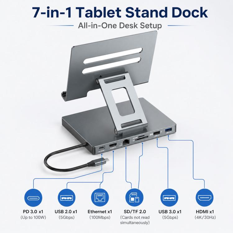 Blueendless ST706 7 in 1 4K 30Hz Multifunctional Docking Station Tablet Holder, ST706