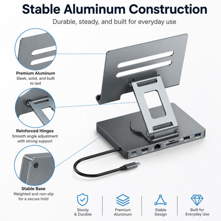 Blueendless ST706A 7 in 1 4K 30Hz Multifunctional Docking Station 360-Degree Rotating Tablet Holder, ST706A