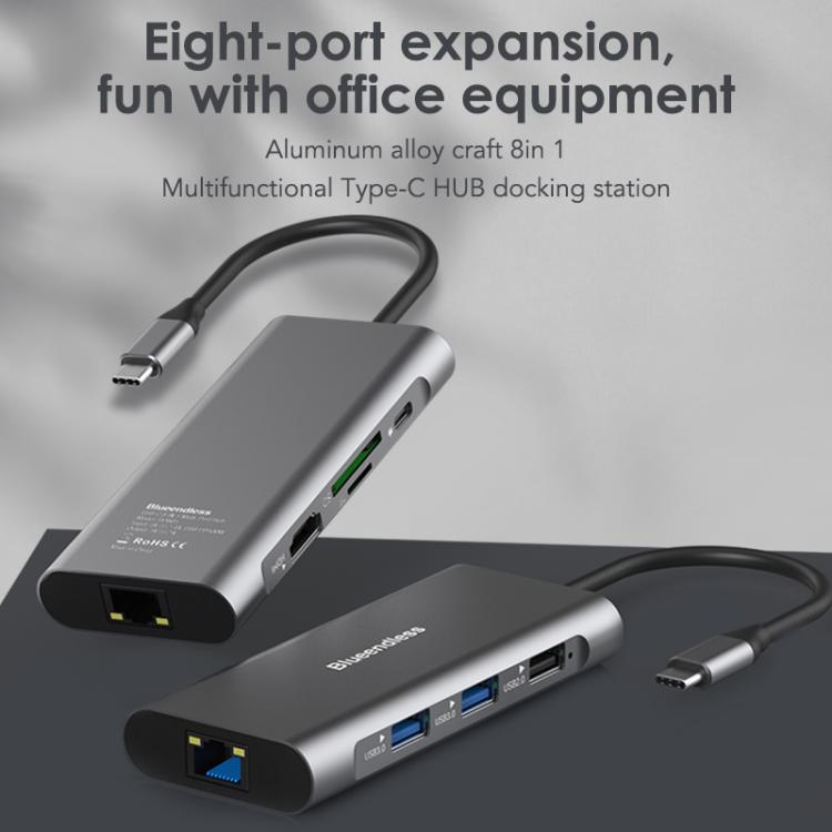 Blueendless HC801 8 in 1 100W PD 4K HDMI USB 3.0 USB-C HUB Multiport Adapter, HC801