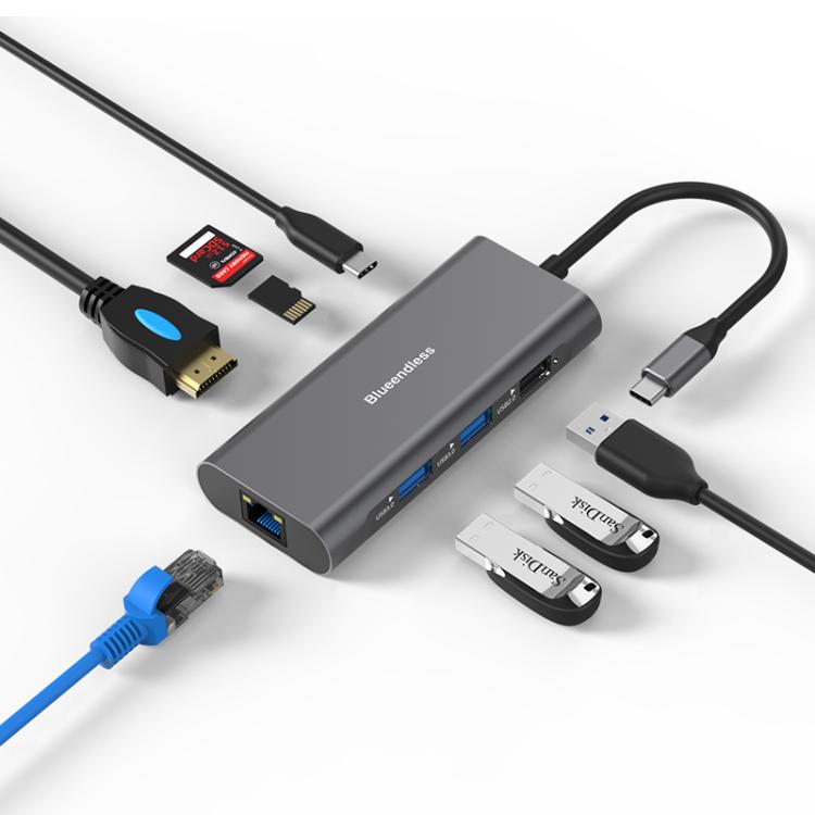 Blueendless HC801 8 in 1 100W PD 4K HDMI USB 3.0 USB-C HUB Multiport Adapter, HC801