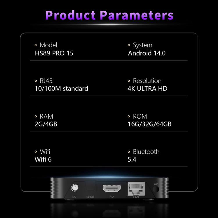 HS89 Pro 15 Android 14 Smart TV Set Top Box, RK3539 Quad-Core Cortex-A55, 2GB+16GB, 4GB+32GB
