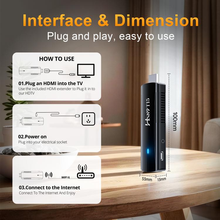 HS89 T15 Android 14 Mini HD TV Stick with Remote Control, RK3539 Cortex-A55 Quad-Core, 2GB+16GB, 4GB+32GB