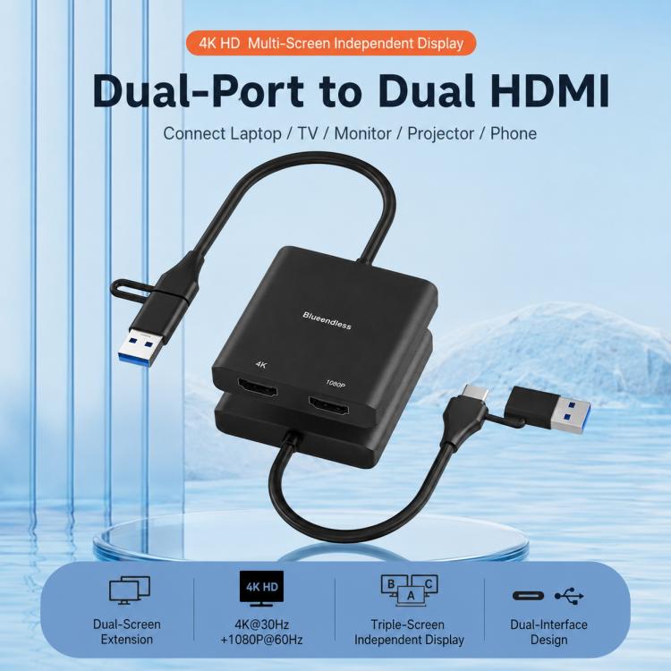 Blueendless HU201 USB / Type-C to Dual HDMI Docking Station Supports MacOS Extended Display, HU201