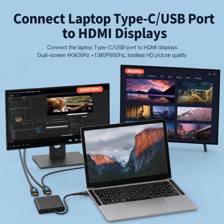 Blueendless HU201 USB / Type-C to Dual HDMI Docking Station Supports MacOS Extended Display, HU201