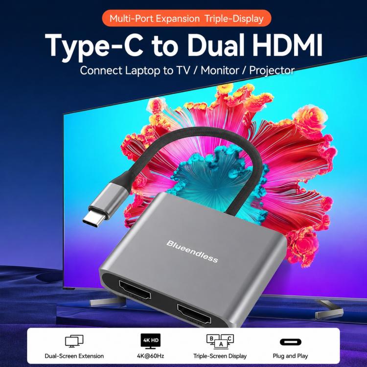 Blueendless HD201 Type-C to Dual HDMI 4K 60Hz Docking Station, HD201