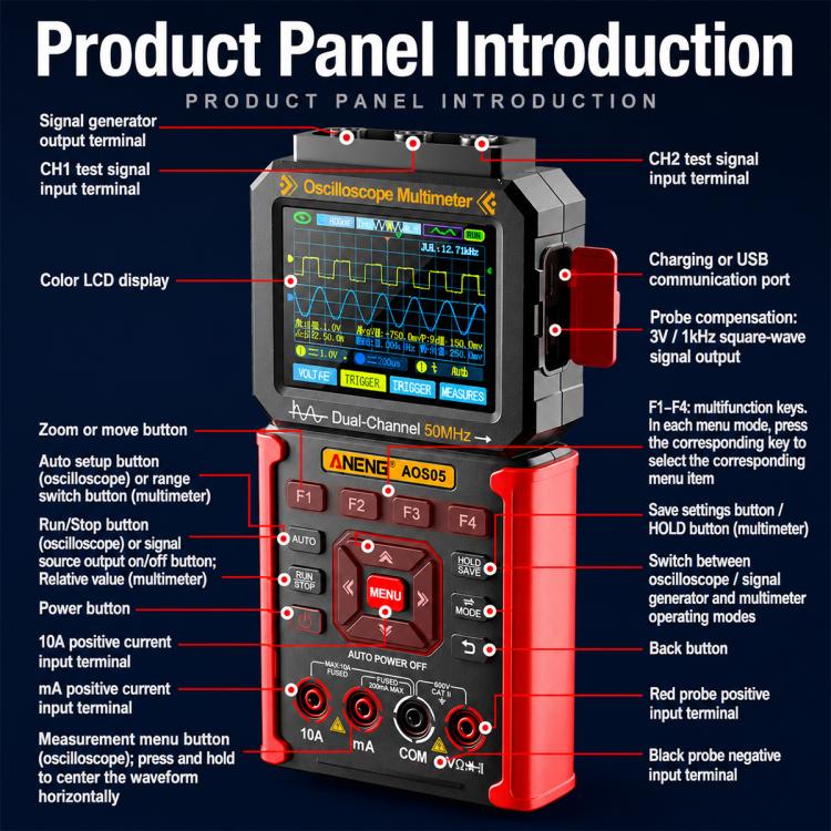 ANENG AOS05 3-in-1 Handheld Digital Oscilloscope Multimeter Dual-Channel 50MHz