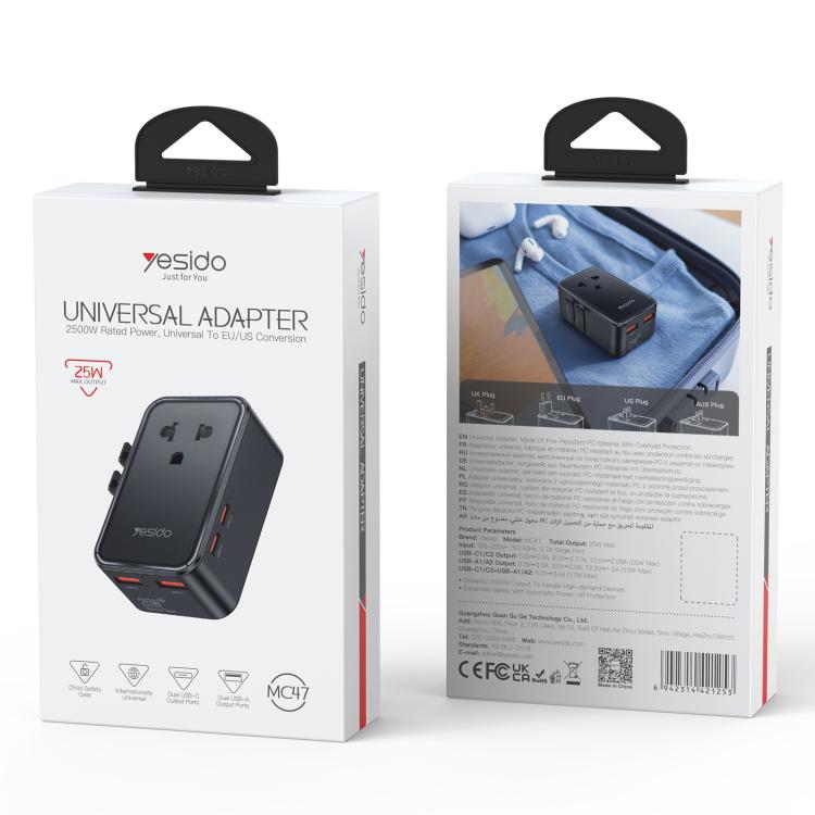 Yesido MC47 4-Port 25W GaN Fast Charger Universal Travel Adapter, MC47