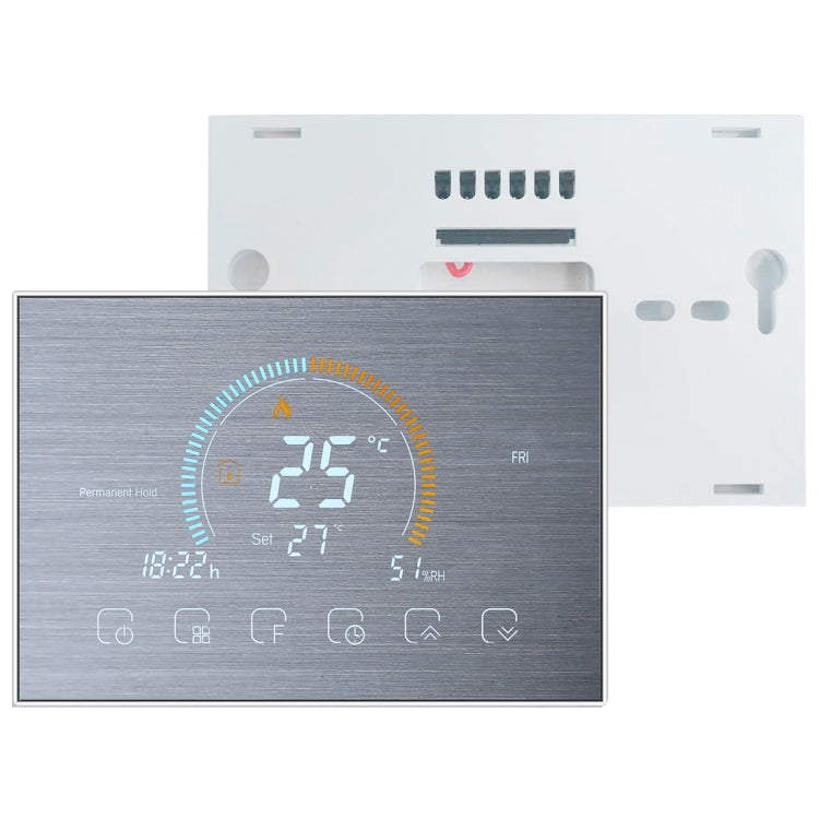 BHT-8000-GCLW-SS Brushed Stainless Steel Mirror Controlling Water/Gas Boiler Heating Energy-saving and Environmentally-friendly Smart Home Negative Display LCD Screen Round Room Thermostat with WiFi, with WiFi