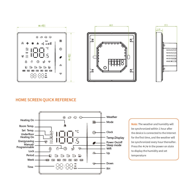 BHT-006GBLW 95-240V AC 16A Smart Home Heating Thermostat for EU Box, Control Electric Heating with Only Internal Sensor & External Sensor & WiFi Connection, BHT-006GBLW