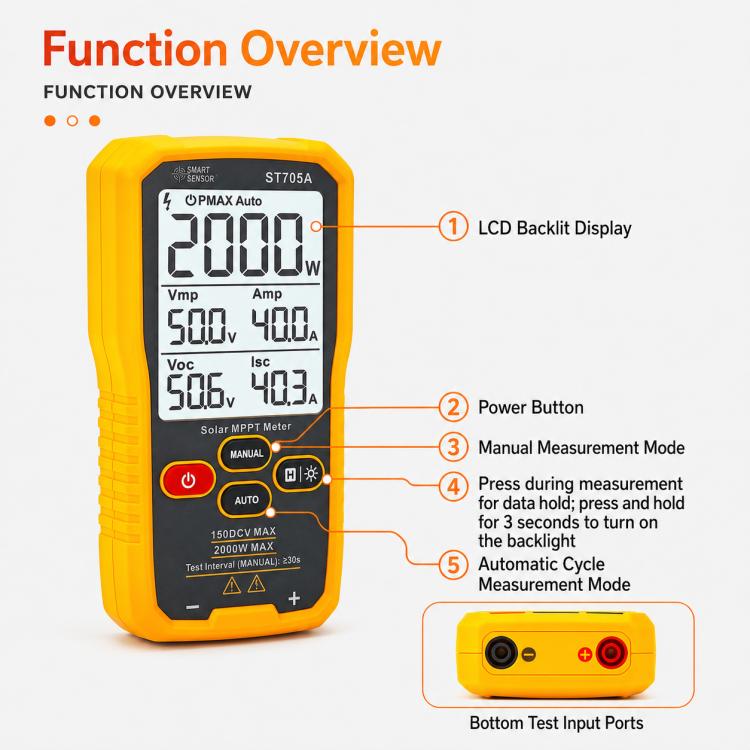 SMART SENSOR ST705A 2000W Solar Panel Tester Meter MPPT Photovoltaic Multimeter, ST705A