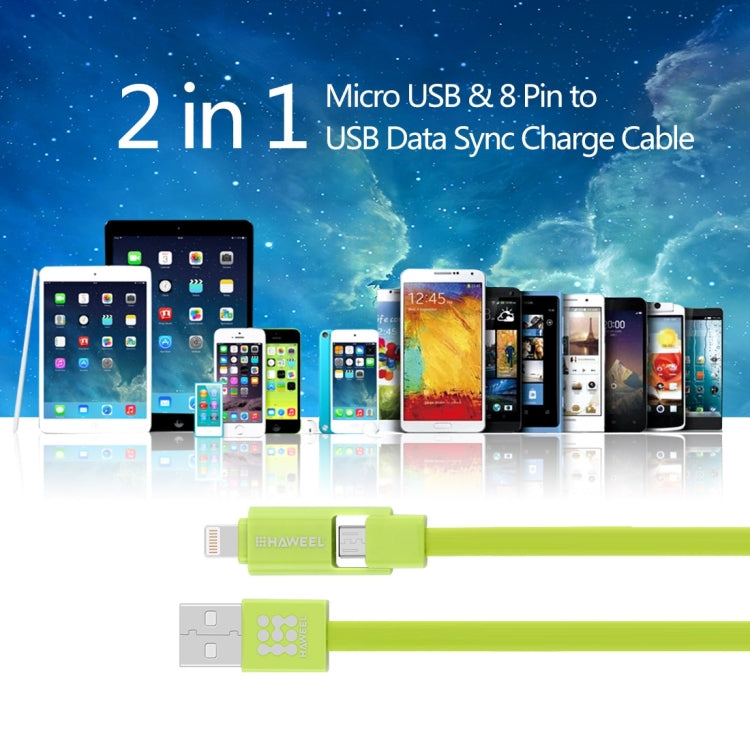 HAWEEL 1m 2 in 1 Micro USB & 8 Pin to USB Data Sync Charge Cable, 2 in 1 Cable in two connectors, 2 in 1