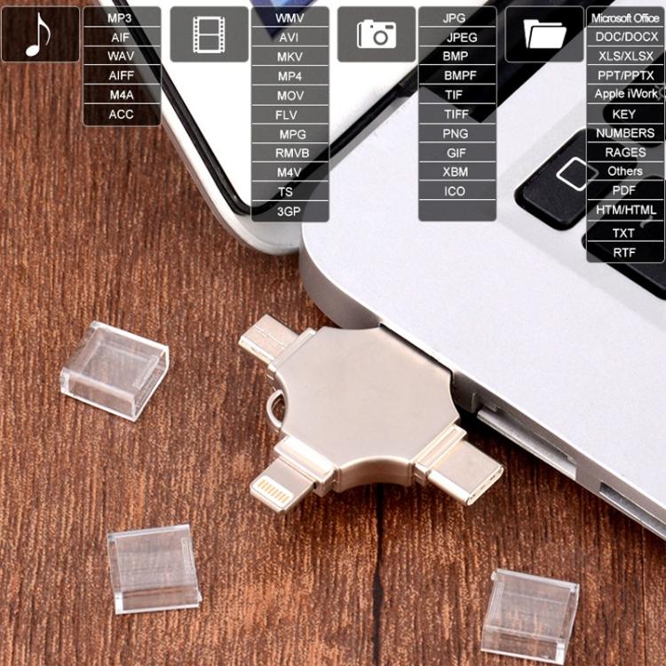 Cross 4 in 1 64GB 8 Pin + Micro USB + USB-C / Type-C + USB 3.0 Metal Flash Disk, 64GB