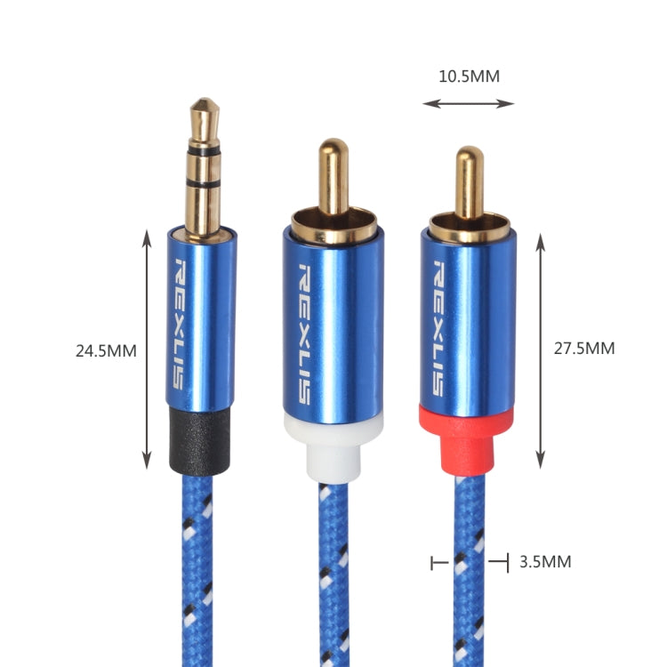 REXLIS 3610 3.5mm Male to Dual RCA Gold-plated Plug Blue Cotton Braided Audio Cable for RCA Input Interface Active Speaker, Length: 5m, Length: 5m