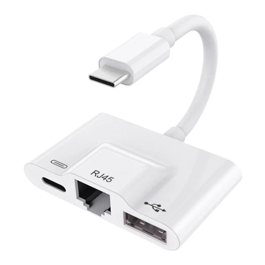 3 in 1 USB-C / Type-C Male to USB + 100M RJ45 Ethernet + Type-C Power Female Adapter, 3 in 1