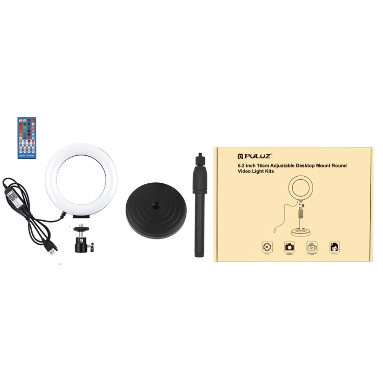PULUZ 6.2 inch 16cm RGBW Light + Round Base Desktop Holder USB Dimmable LED Ring Vlogging Photography Video Lights with Cold Shoe Tripod Ball Head & Remote Control, Desktop Mount + 6.2 inch RGBW / Remote