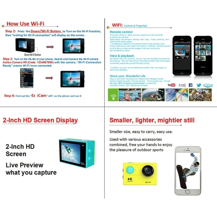 H9 4K Ultra HD1080P 12MP 2 inch LCD Screen WiFi Sports Camera, 170 Degrees Wide Angle Lens, 30m Waterproof, H9 4K (Black)