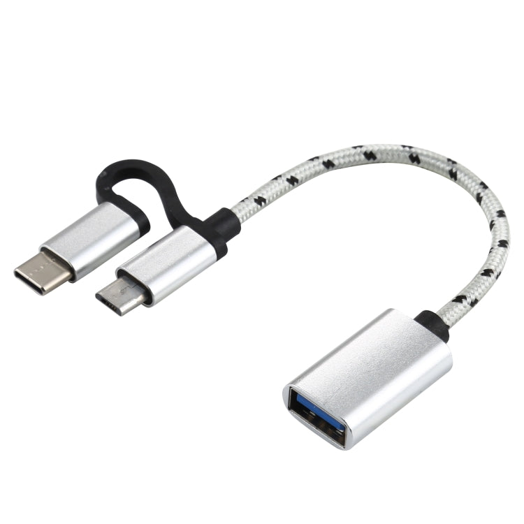 USB 3.0 Female to Micro USB + USB-C / Type-C Male Charging + Transmission OTG Nylon Braided Adapter Cable, Cable Length: 11cm, Micro USB Black, Micro USB Grey, Micro USB Blue, Micro USB Red, Micro USB Silver, Micro USB  White