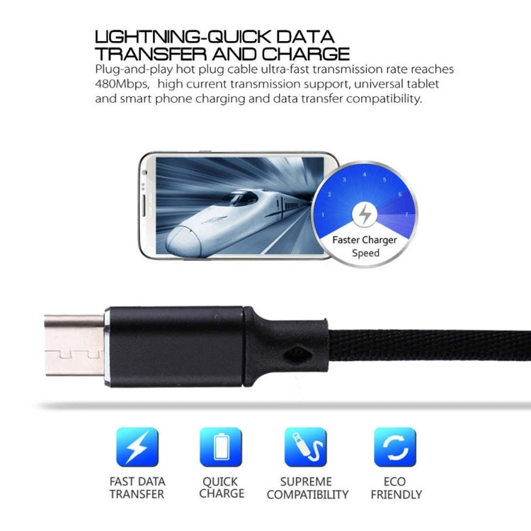 1m 2A Output USB to USB-C / Type-C Nylon Weave Style Data Sync Charging Cable, 2A Black, 2A Pink, 2A Grey, 2A Blue, 2A Red, 2A White